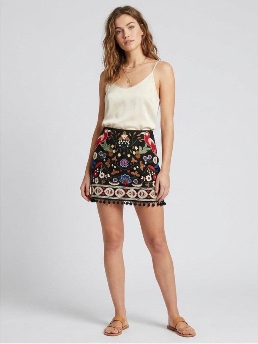 Umgee Skirt Black Red White Embroidered Mini Bird Floral Tassels